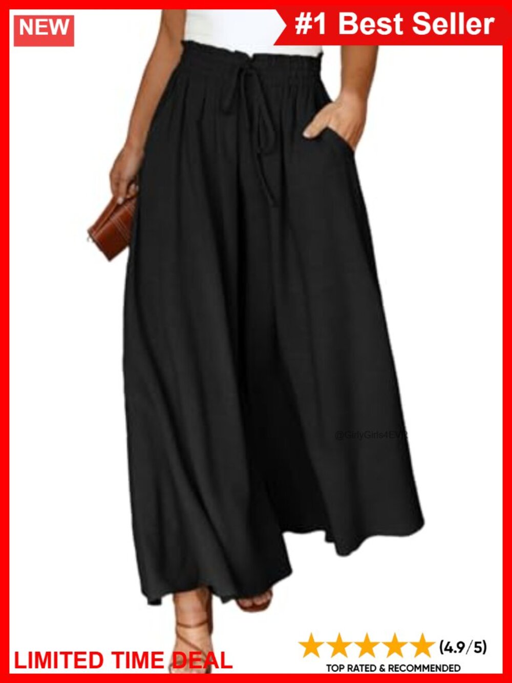 Plus Size Wide Leg Palazzo Pants Elastic High Waist Drawstring Pockets Flowy